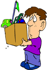 cartoon image of bewildered boy carrying box of toys