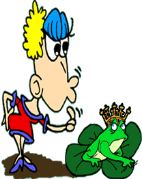 funny cartoon of a frog-prince who is a bit put off by a princess who is eager to kiss him