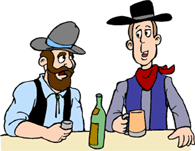 cartoon image of two modern cowboys talking, having a drink at a table