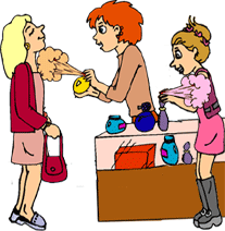 cartoon image of valley girls at perfume counter trying different perfumes