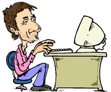 funny cartoon of man at computer; chair is malfunctioning, has sunk almost to the floor