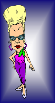 funny cartoon of old woman who has had so much plastic surgery her eyebrows are 3 inches above her eyes