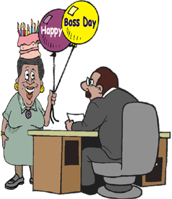 funny cartoon of woman who is looking to get a raise giving balloons that say 'Happy Boss Day' to her boss