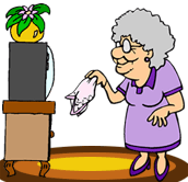 cartoon of old woman waving a handkerchief at the television set