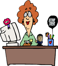 funny cartoon of female star trek at her desk with a Star Trek Balloon and a Mr. Spock bobble-head