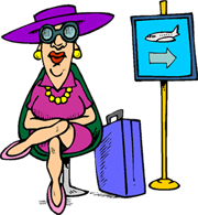 cartoon of woman in hat sitting in airport waiting area