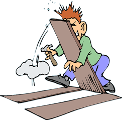 funny cartoon of chump worker stepping on loose deck planks, which pops up and whacks him in the head