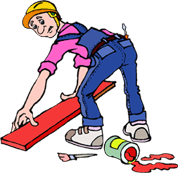 funny cartoon of worker installing redwood decking - pine painted red