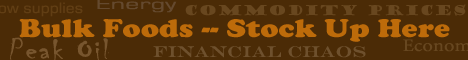 foreground words say Bulk Foods - Stock Up Here; background words say Energy, Commodity Prices, Peak Oil, Financial Chaos
