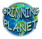 140 by 129 Grinning Planet button, the words Grinning Planet with a globe in the background