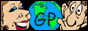88 by 31 Grinning Planet button, shows goofy man and woman with the letters G P over globe