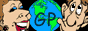 88 by 31 Grinning Planet button, animation shows goofy man with eyes that move up and down, a woman, and the letters G P over globe
