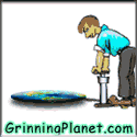 125 by 125 Grinning Planet button, animation shows man using tire pump to pump up a globe, words say Original Joke-Cartoons and funny stuff, Grinning Planet dot com
