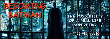 MP3 News link; image of Batman looking our over the city; feature story is Becoming Batman - The Possibility of a Real-Life Superhero