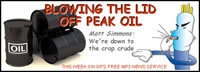 image of cartoon cop blowing whistle at barrels of oil; feature story is BLOWING THE LID OFF PEAK OIL