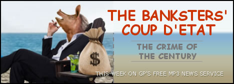 MP3 News link; image of pig in suit as fat-cat banker; feature story is THE BANKSTERS' COUP D'ETAT - THE CRIME OF THE CENTURY