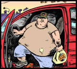 image of obese man getting out of SUV with fast food bag; feature story is SPRAWLING TO OBESITY - THE SUBURBIA EFFECT