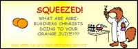image of oranges and a chemist with test tubes; feature story is SQUEEZED - WHAT ARE AGRIBUSINESS CHEMISTS DOING TO YOUR ORANGE JUICE?