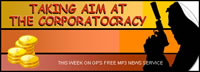 image of hit man sillouhetted; feature story is TAKING AIM AT THE CORPORATOCRACY