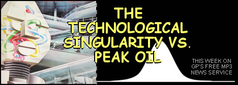 MP3 News link; image of robot head; feature story is THE TECHNOLOGICAL SINGULARITY VS. PEAK OIL