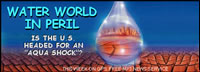 image of city in the lens of a water drop against a parched backdrop; feature story is WATER WORLD IN PERIL - IS THE U.S. HEADED FOR AN 'AQUA SHOCK'?