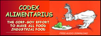image of Dr. Seuss character looking suspiciously at a plate of green ham; feature story is CODEX ALIMENTARIUS - THE CORP-GOV EFFORT TO MAKE ALL FOOD INDUSTRIAL FOOD