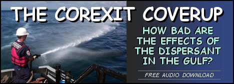 MP3 News link; image of worker spraying Corexit; feature story is THE COREXIT COVERUP - HOW BAD ARE THE EFFECTS OF THE DISPERSANT IN THE GULF?