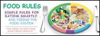 image of the food pyramid in a plate-shape pie chart; feature story is FOOD RULES - SIMPLE RULES FOR EATING SMARTLY... AND FIXING THE FOOD SYSTEM