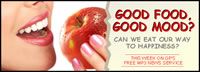 image of smiling woman biting into a red apple; feature story is GOOD FOOD, GOOD MOOD? - CAN WE EAT OUR WAY TO HAPPINESS?