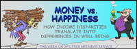 image of poor man carrying sticks on his back looking at rich man lighting cigar with dollar bill; feature story is MONEY vs. HAPPINESS