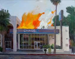 portrait of bank building on fire