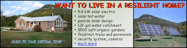 images of brick home and solar panels against backdrop of mountain - WANT TO LIVE IN A RESLIENT HOME? 5.4 kW solar electric; solar hot water; passive solar design; 12K gal water catchment; 8500 sqft organic gardens; fruit/nut trees and perennials; security system, cameras; more ... click to take virtual tour
