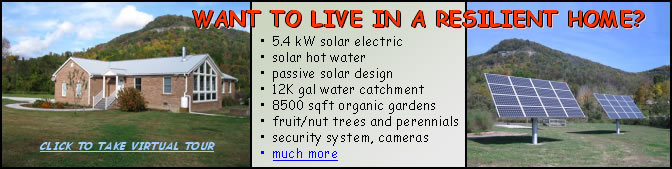 images of brick home and solar panels against backdrop of mountain - WANT TO LIVE IN A RESILIENT HOME? 5.4 kW solar electric; solar hot water; passive solar design; 12K gal water catchment; 8500 sqft organic gardens; fruit/nut trees and perennials; security system, cameras; more ... click to take virtual tour