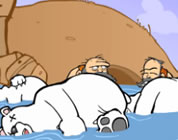 funny video on ice sheets melting link; thumb of two cavemen in water with dead polar bears