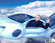 funny flying car video link; thumb of man waving from flying car