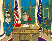 graphic of george w. bush in oval office with a general; click to see animation on YouTube; opens in new window