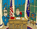graphic of george w. bush in oval office with a general; click to see video on Google Video