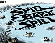 drawing of offshore oil spill; the oil is forming the words SPILL BABY SPILL; click to go to cartoon page at external site; opens in new window