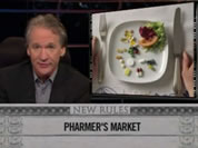 photo of bill maher next to plate of prescription drugs laid out like dinner; link for funny video; opens in new window