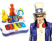 funny chinese products video link; thumb of cartoon Uncle Sam with some Chinese plastic toys