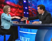 funny coal mining video link; thumb of Margaret Palmer and Stephen Colbert on set