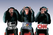the words 'three monkeys - see no evil, hear no evil, speak no evil, with signs on their laps saying Fox News, MSNBC, and CNN; click to go to Counterspin site in new window