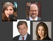 photo collage of Amy Goodman, Robert Kuttner, Michael Hudson, and Naomi Klein; click to go to launch video in Real Player