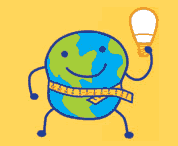 cartoon image of animated earth holding up light bulb, being squeezed by tape measure around its waist; click to go to bulb calculator site
