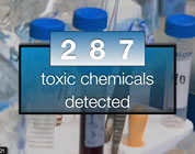 video on chemical body burden link; thumb of '287 chemicals detected' with test tubes in background