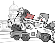 Detroit's big three auto execs riding a junker car in front of capitol hill; click to go to animation page at external site; opens in new window