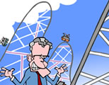 cartoon image of George W. Bush standing in front of a roller coaster; click to go to animation page at external site; opens in new window