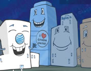 funny corporate personhood video link; thumb of animated corporate headquarters buildings