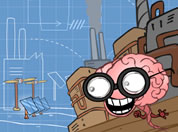 cartoon image of an animated brain next to coal plant, wind turbines, solar panels; link for funny animation; opens in new window