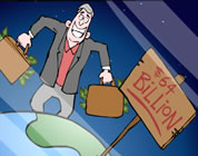 funny corporate profits video link; thumb of businessman with suitcase full of cash dancing on planet earth